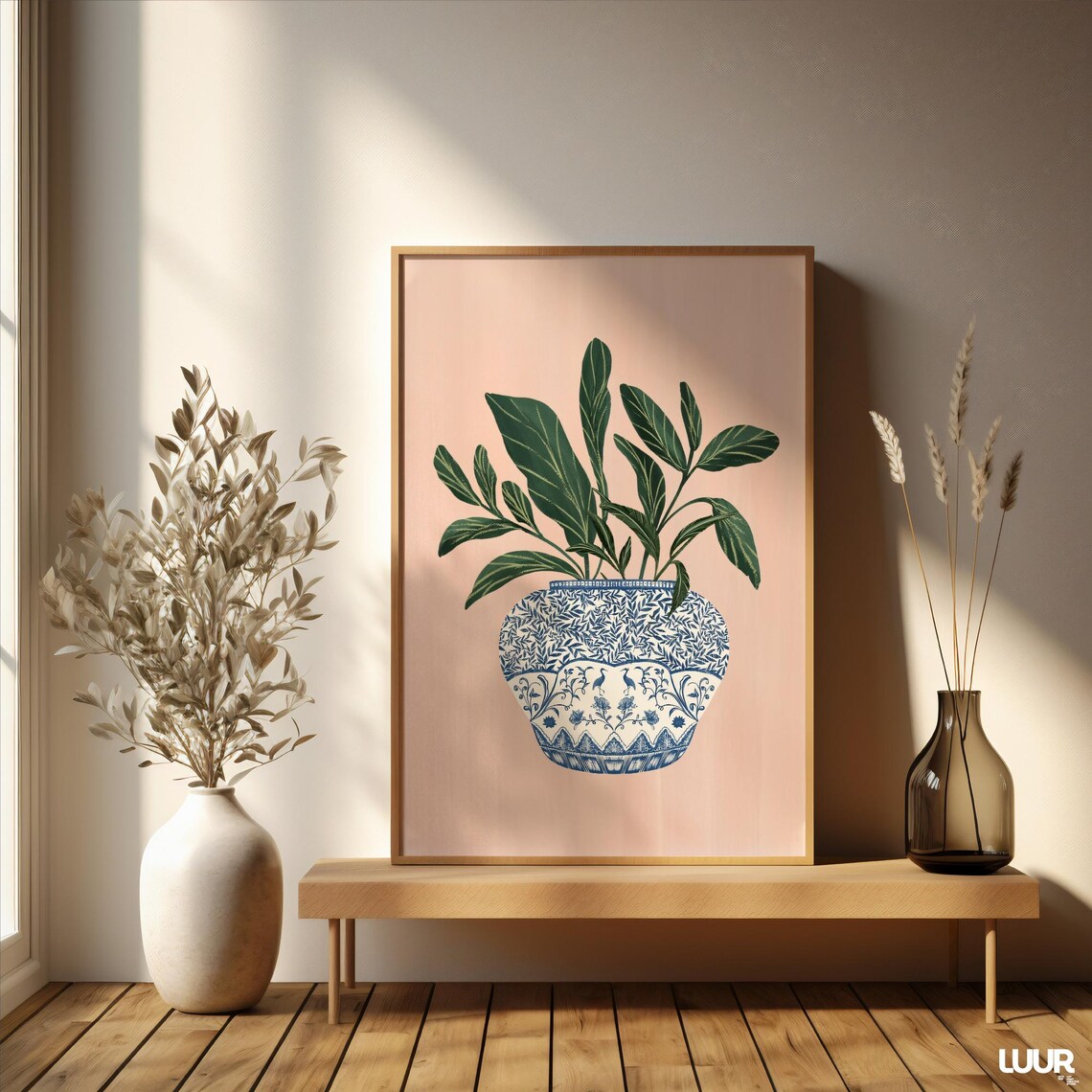 Blue White Chinoiserie Vase Green Plant Pink Botanical Art Poster