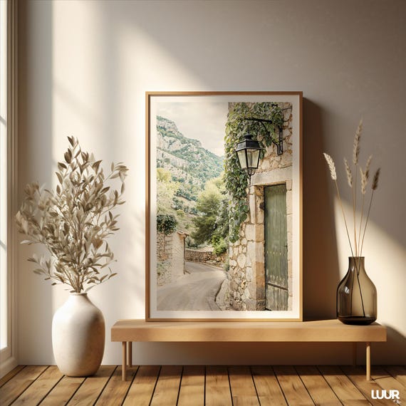 Boho Wall Art Mountain Village Escape Poster Green Trendy Living Room Print Home Decor Instant