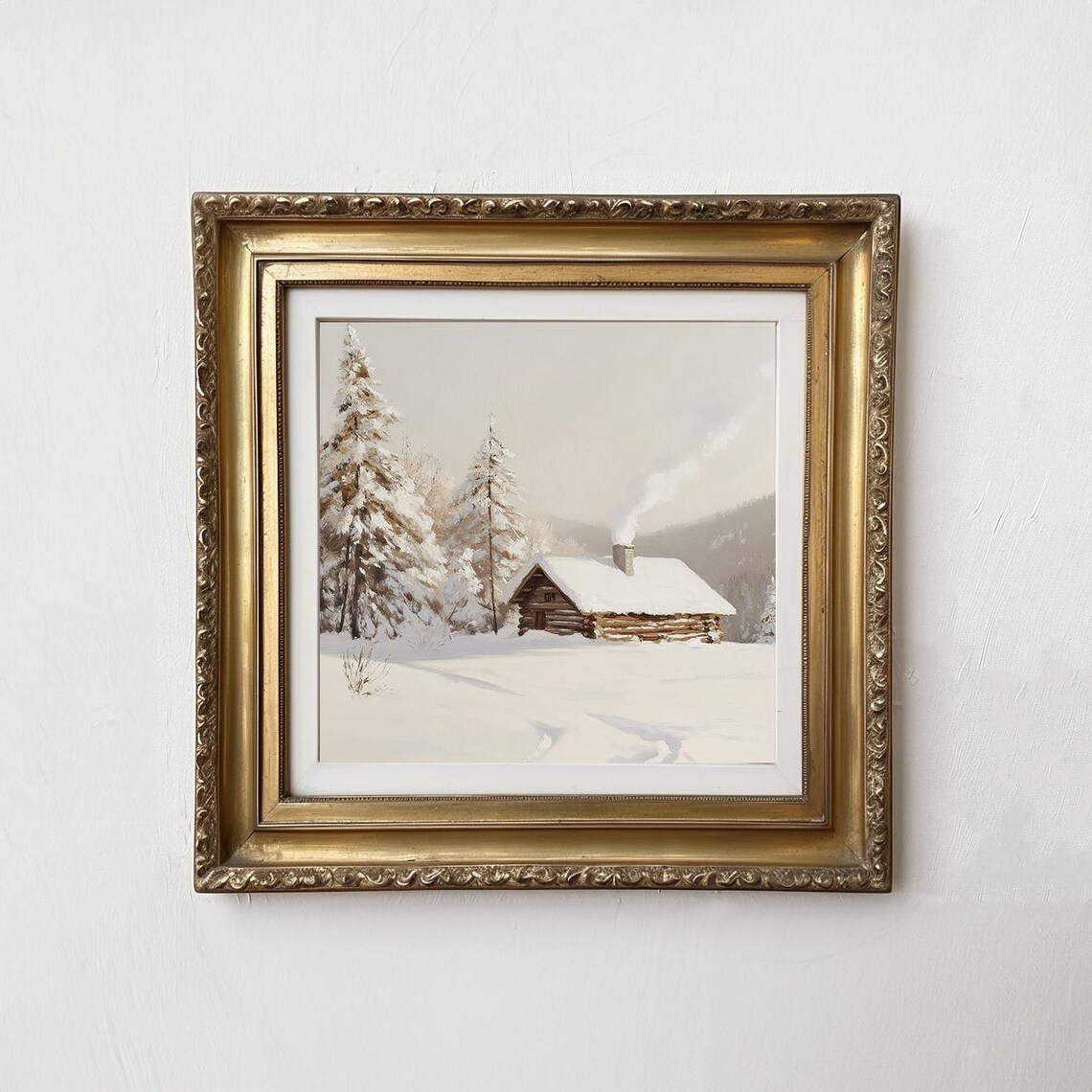 Minimalist Snowy Cabin Log Winter Landscape Neutral Holiday Wall Art - Image 2