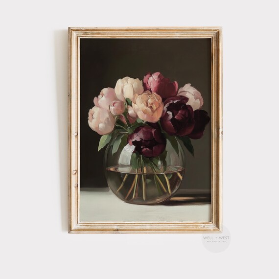 Moody Spring Flowers Print Pastel Pink Floral Painting Burgundy Flower Art Dark Botanical Art Pink Nursery Print P419