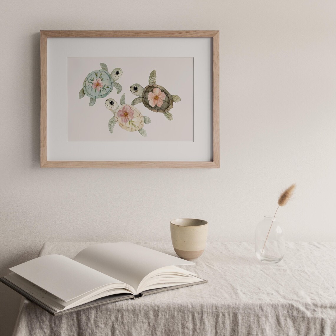 Cute Sea Turtles Floral Watercolor Nursery Beach Coastal Wall Art - Image 2