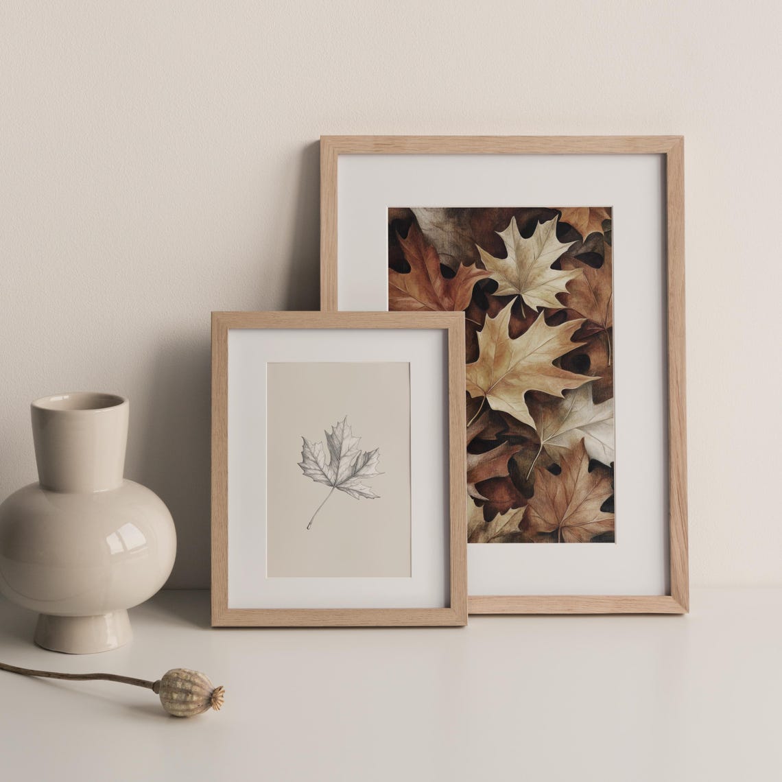 Maple Leaf Pencil Sketch Neutral Minimalist Autumn Art Print - Image 2