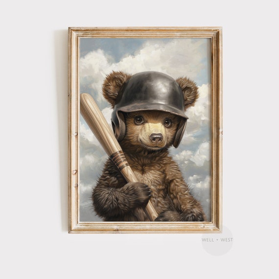 Baseball Bear Print, Vintage Nursery Decor