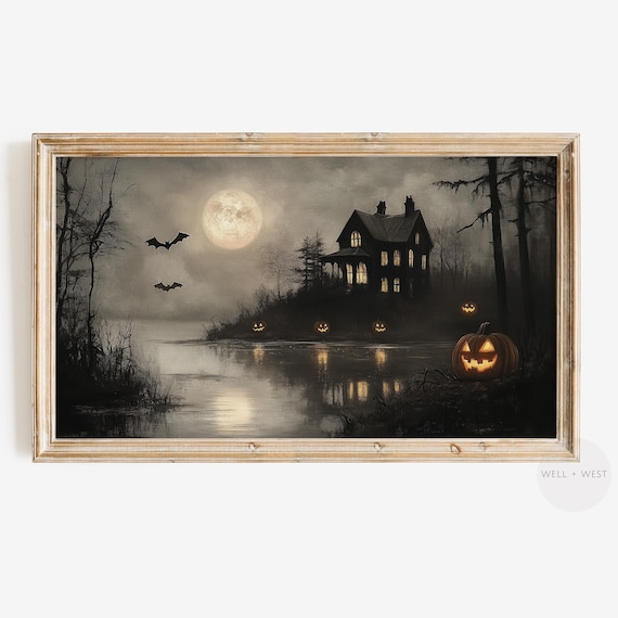 Haunted House Full Moon Bats Halloween Night Vintage Art Print