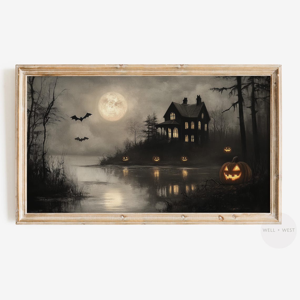 Haunted House Full Moon Bats Halloween Night Vintage Art Print
