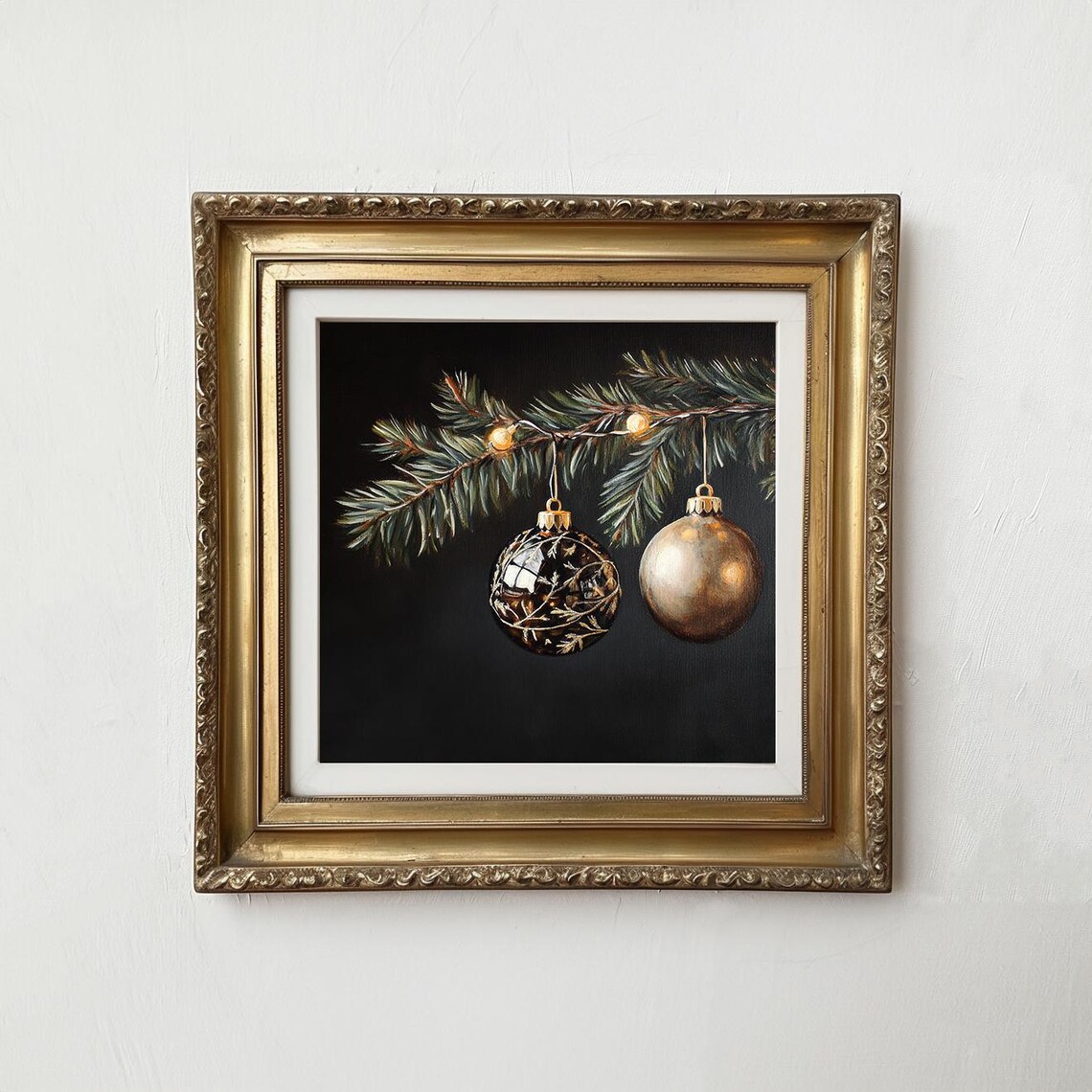 Moody Gold Christmas Ornaments Pine Branch Lights Holiday Poster - Image 3
