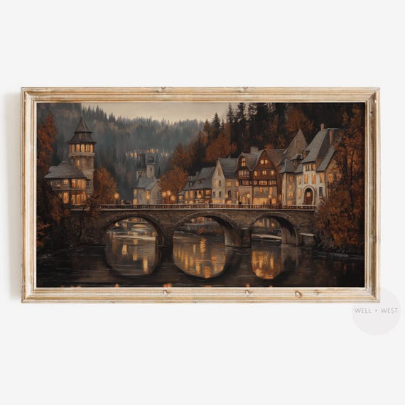 Moody Autumn Village Landscape Art Print, Vintage Town