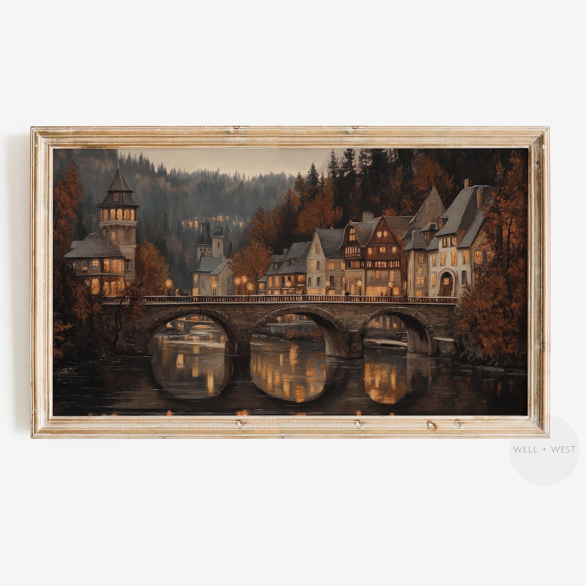 Moody Autumn Village Landscape Art Print, Vintage Town