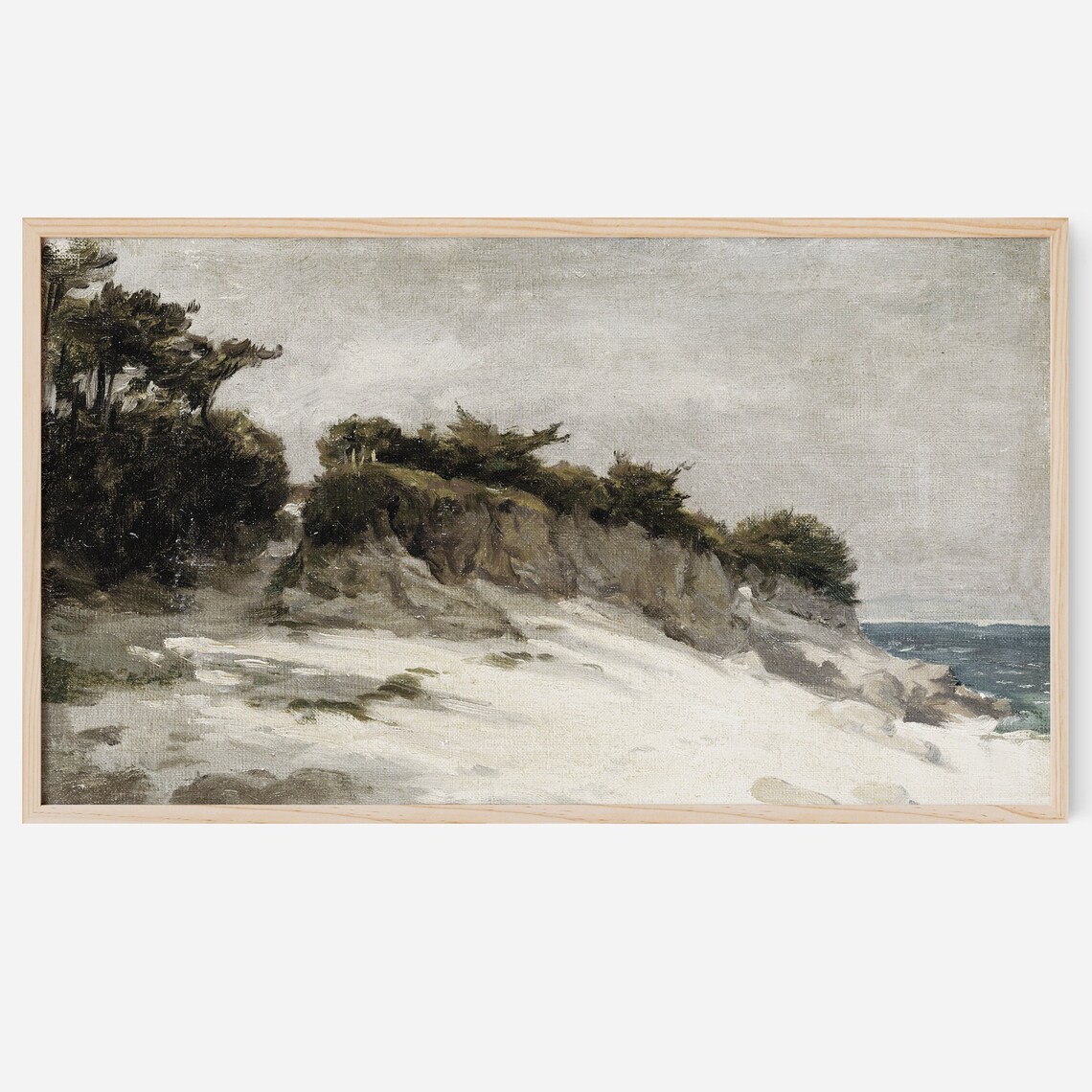 Coastal Beach Dunes with Pine Trees Muted Vintage Seascape Oil Painting Poster - Image 2