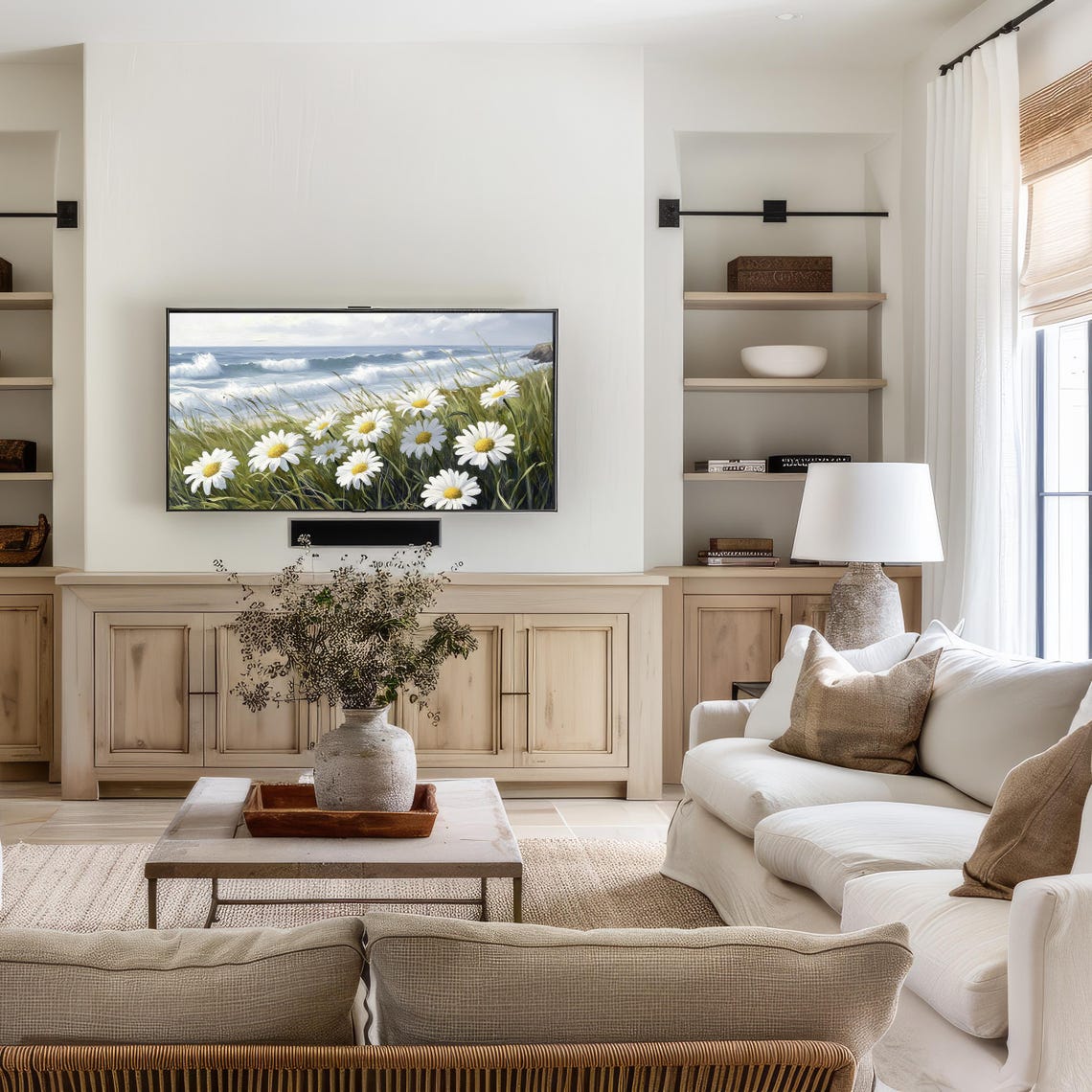 Coastal Daisies Beach Ocean Waves Summer Wildflower Seaside Wall Art - Image 3