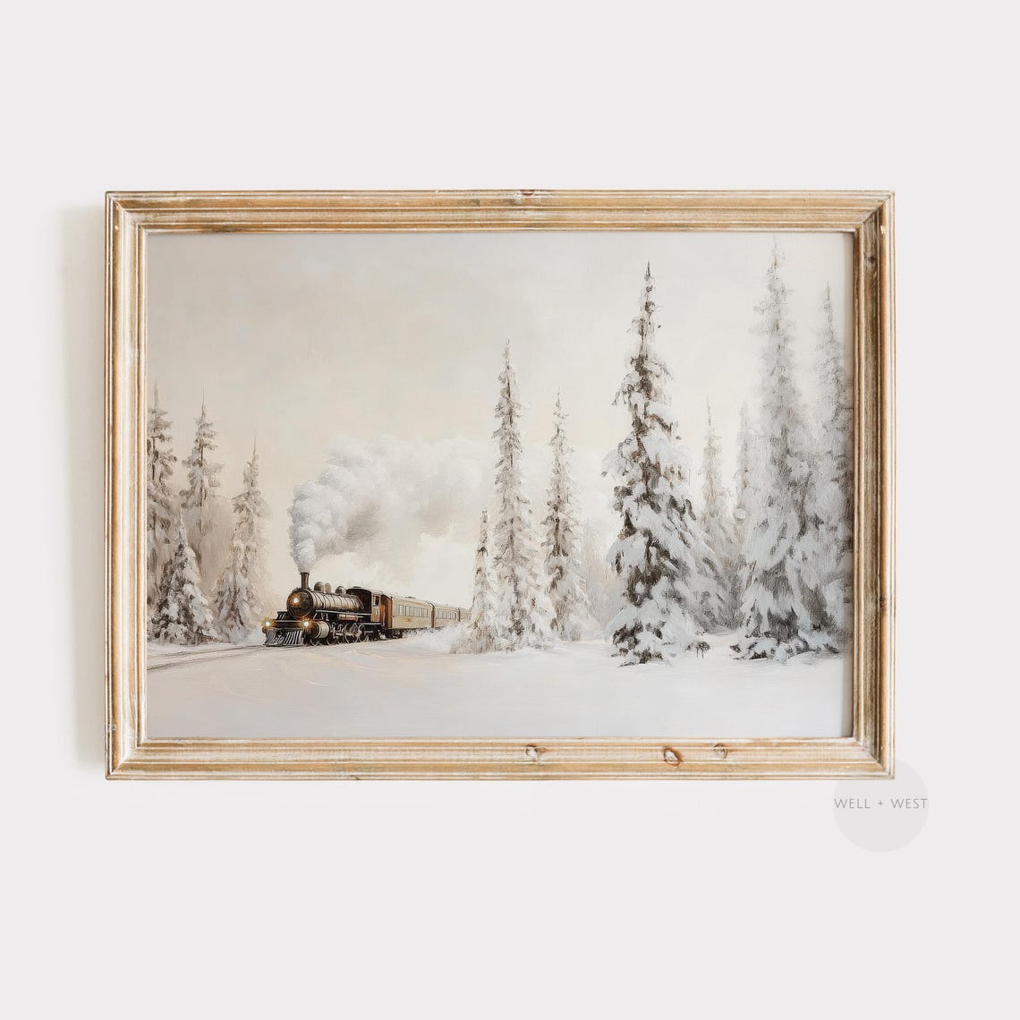 Vintage Black Steam Train Snowy Pine Forest Winter Railway Poster