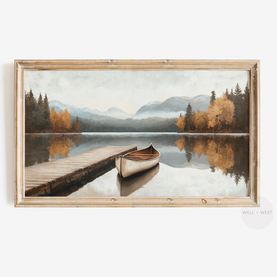 Fall Lake Canoe Wooden Dock Autumn Reflection Vintage Landscape Print