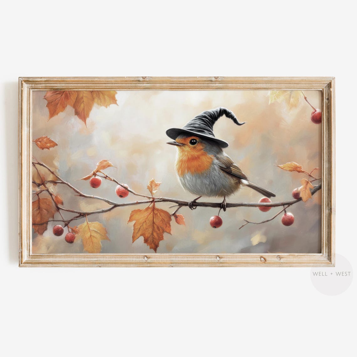 Robin Bird Wearing Witch Hat Autumn Berries Halloween Art Print