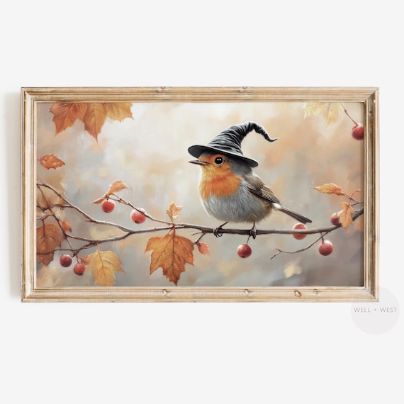 Robin Bird Wearing Witch Hat Autumn Berries Halloween Art Print