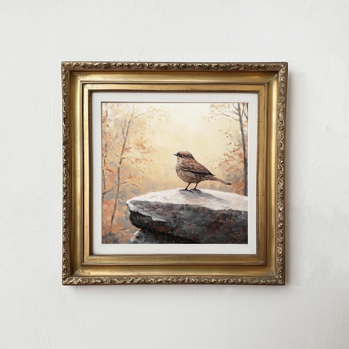 Vintage Bird On Rock Autumn Forest Landscape Painting Wall Art - Image 3