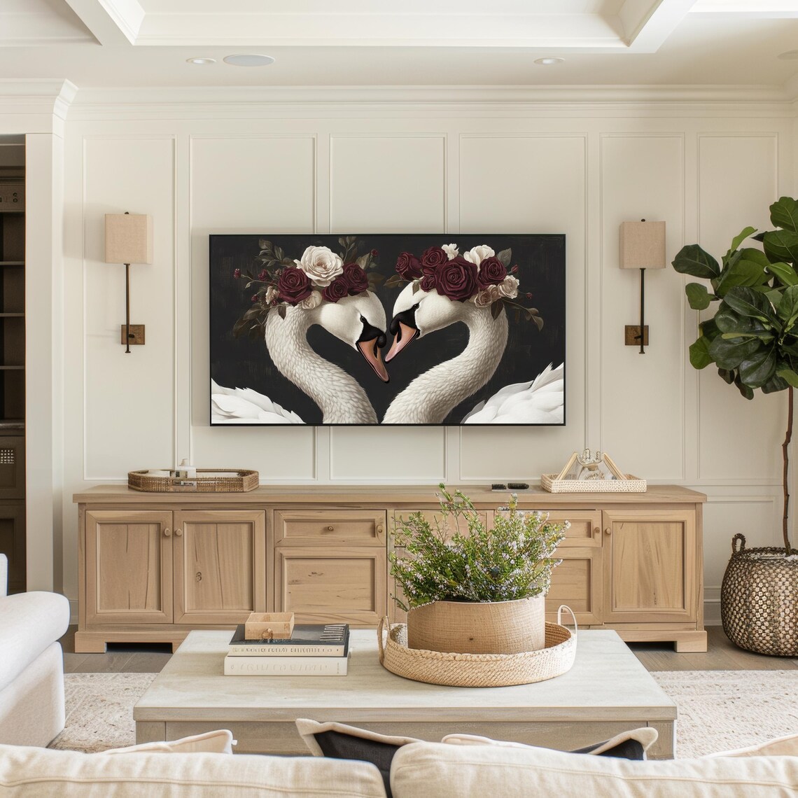 Moody Swans Rose Crowns Burgundy Floral Valentine Love Wall Art - Image 3