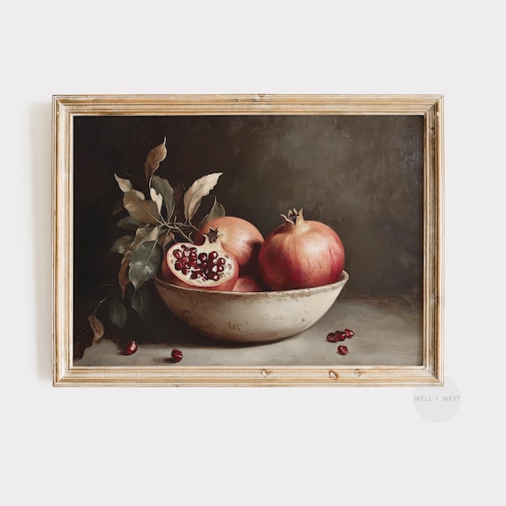 Moody Pomegranate Print Pomegranate Oil Painting Dark Aesthetic Kitchen Art Autumn Antique Still Life Fall Decor P308