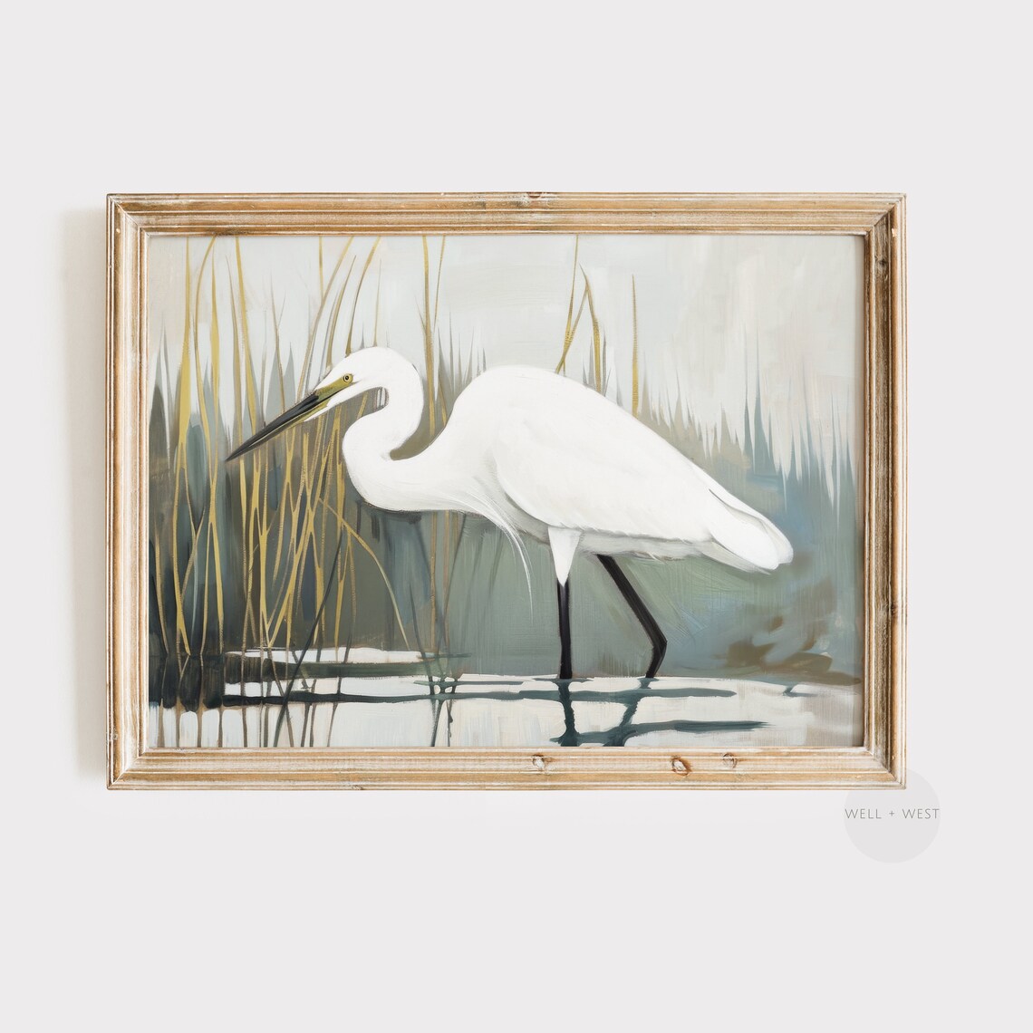 White Heron Antique Bird Oil Painting Art Print