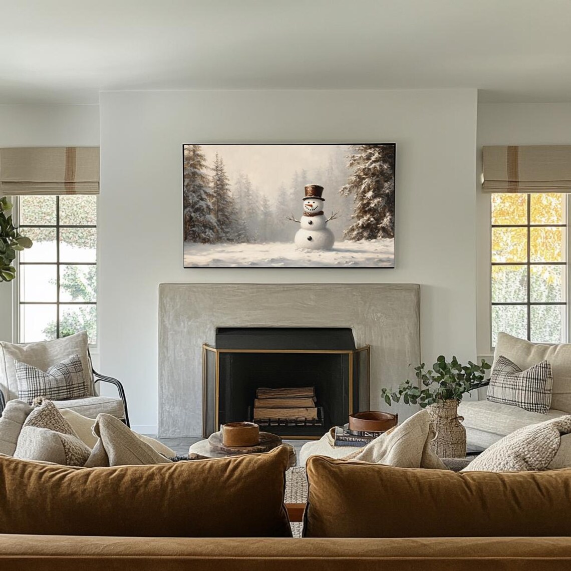 Vintage Snowman Snowy Pine Forest Winter Wonderland Wall Art - Image 3