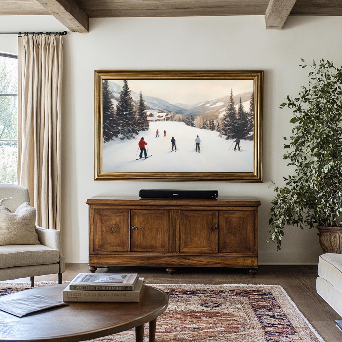 Skiers on a Snowy Mountain Slope Vintage Winter Sports Scene Print - Image 2