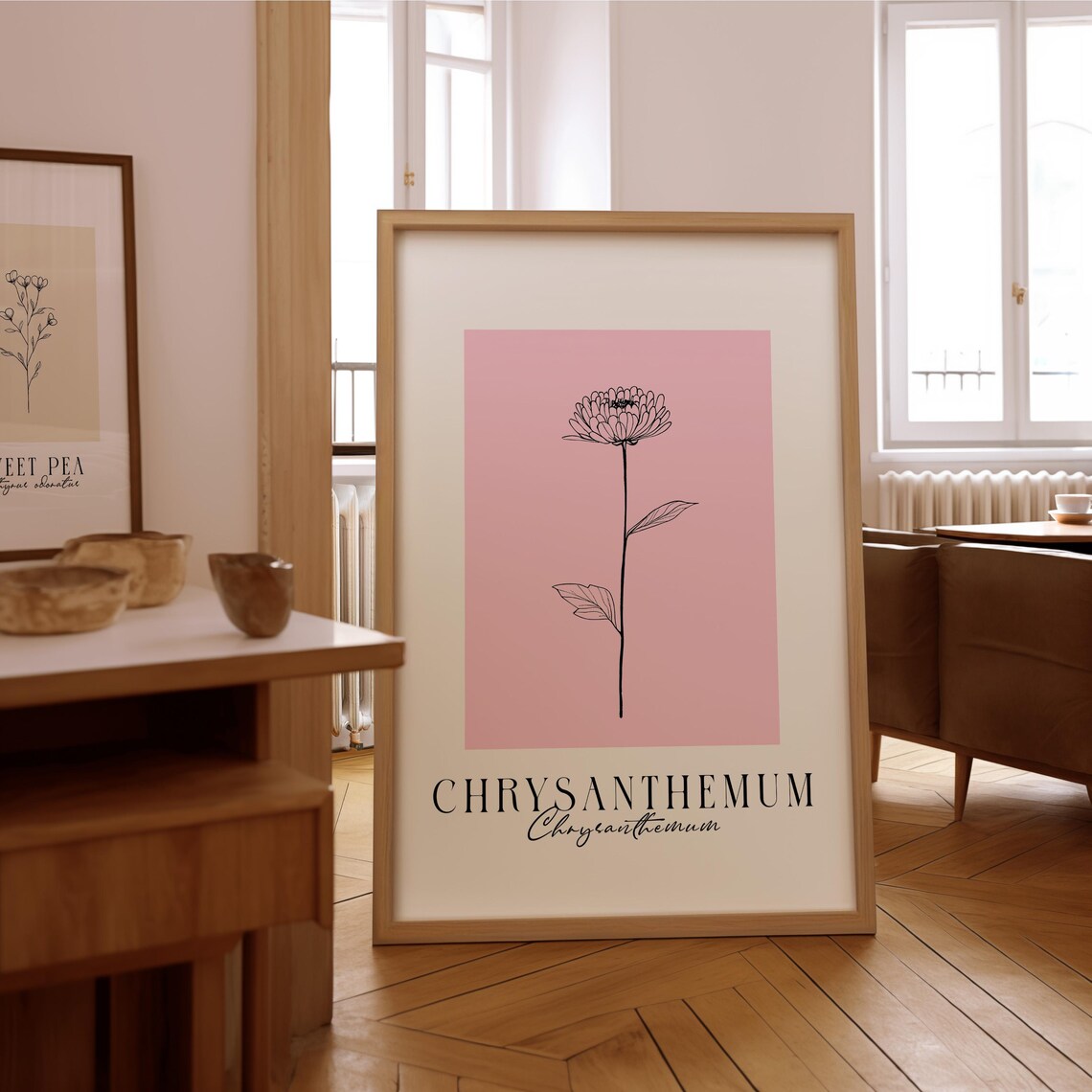Chrysanthemum Line Art Print, Minimalist Floral Decor