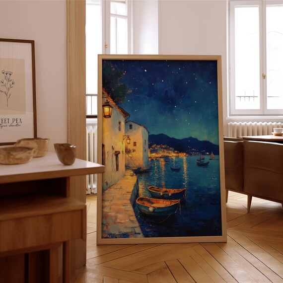 Starry Seaside Village Night Impressionist Coastal Oil Painting Poster