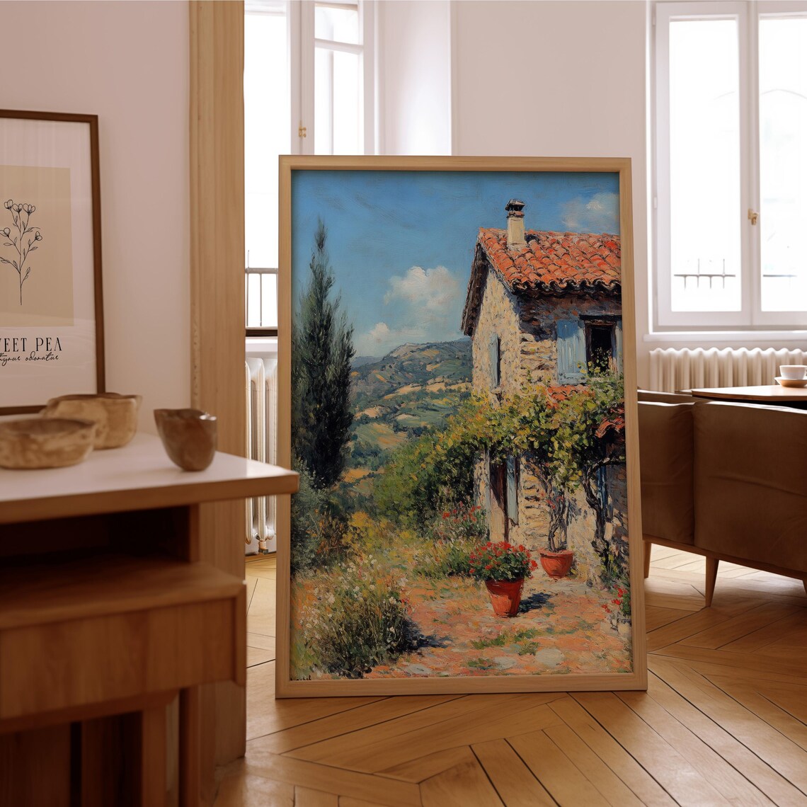 Stone Cottage Terracotta Roof Hillside Garden Painting Poster