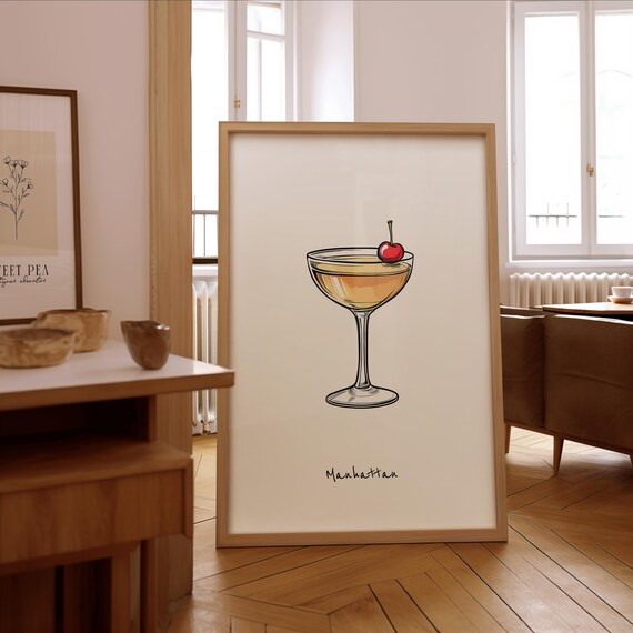 Manhattan Cocktail Coupe Glass Minimalist Bar Illustration Poster