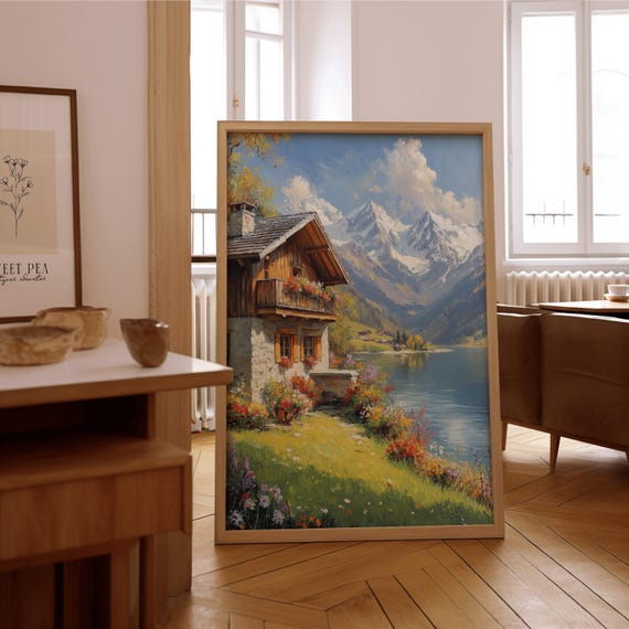 Impressionist Mountain Chalet, Vintage Oil Painting Poster