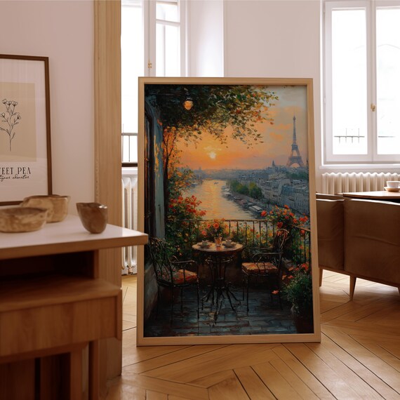 Romantic Paris Cafe Balcony Sunset Eiffel Tower River View Poster