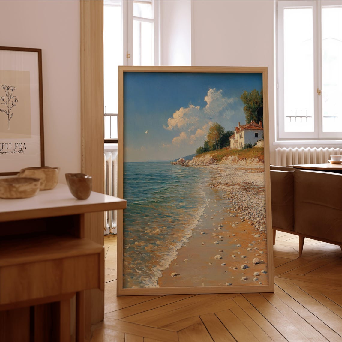 Sunny Coastal Pebble Beach Cliff House Impressionist Art Poster