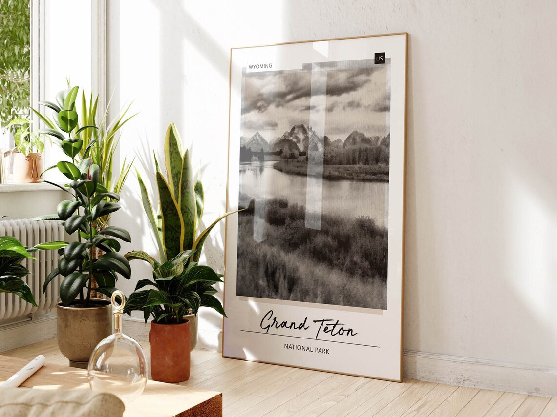 Grand Teton National Park Black and White Mountain Photo Travel Poster