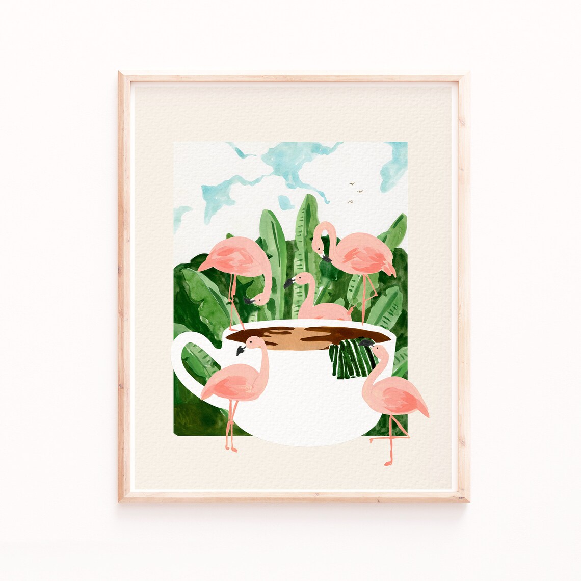 Flamingos and Coffee Retro Tropical Art Print