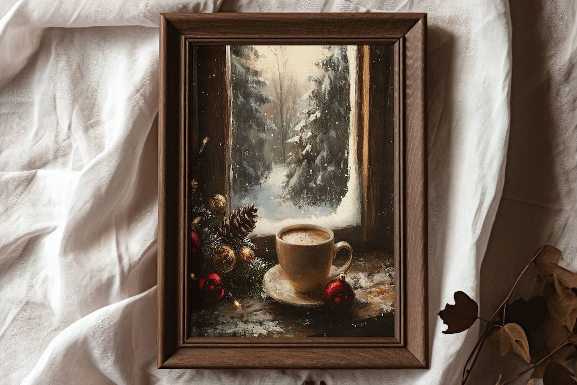 Christmas Coffee Cozy Decor, Winter Art Print