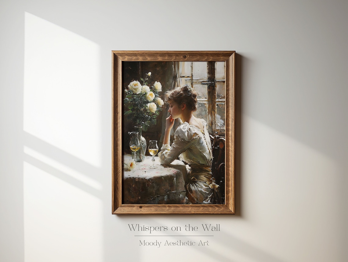 Vintage Woman with White Roses at Window Table Oil Painting Poster - Image 3