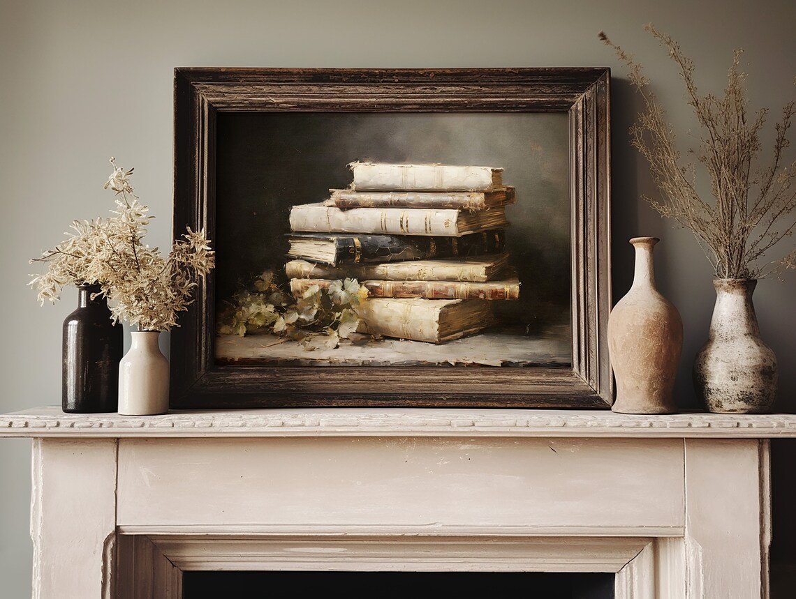 Moody Book Stack Art Print Dark Academia Decor Book Still Life Wall Art Dark Bookish Wall Art - Image 5