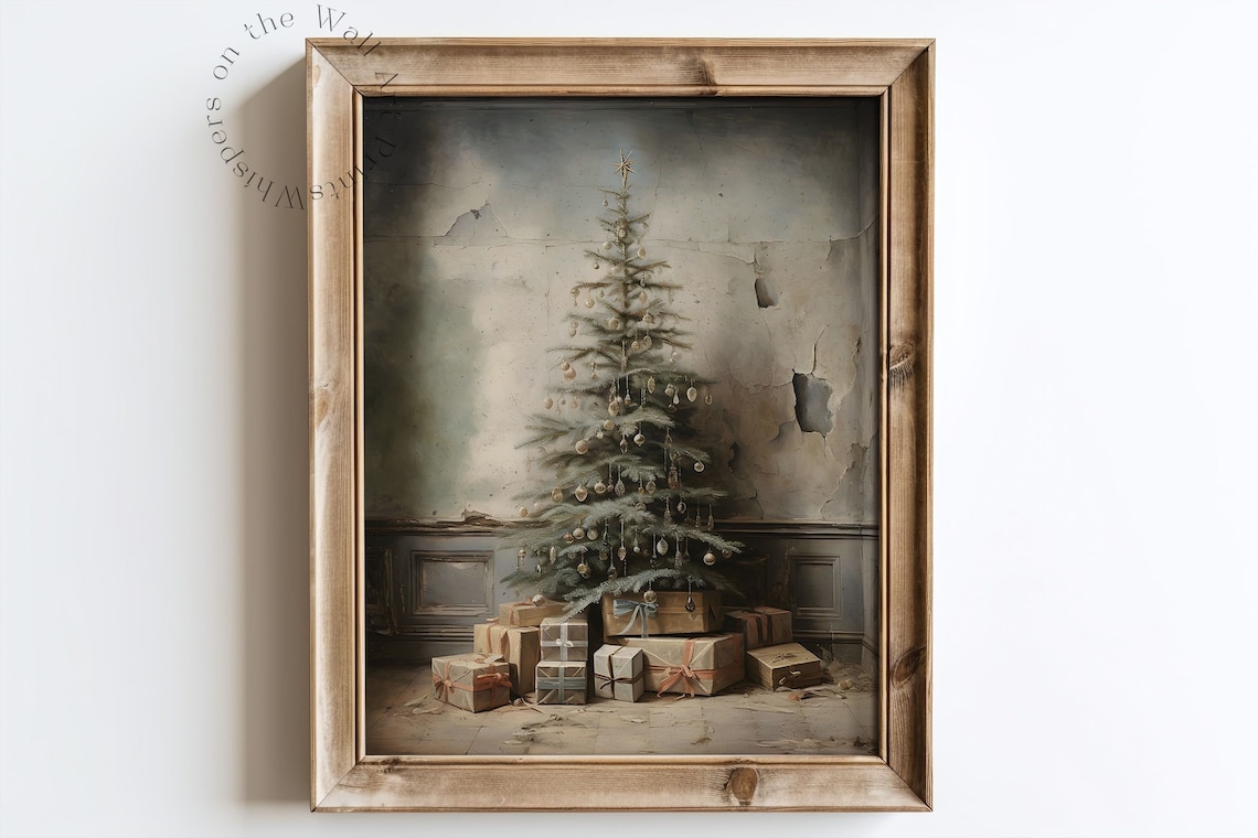 Rustic Christmas Tree Art Print, Dark Cottagecore