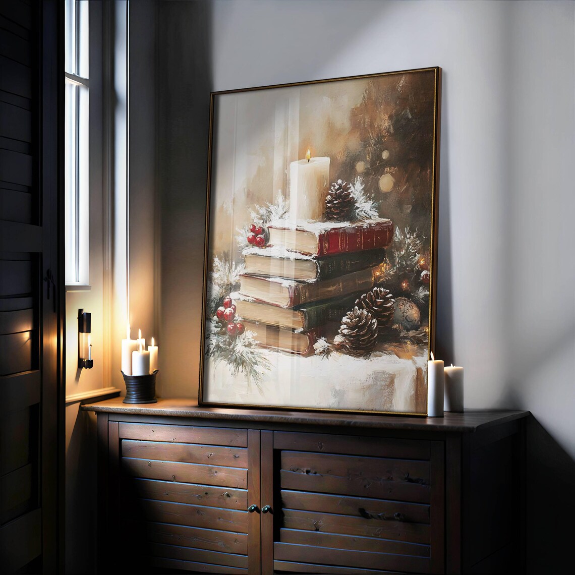 Christmas Books with Candle Snowy Vintage Oil Painting Cozy Poster - Image 2