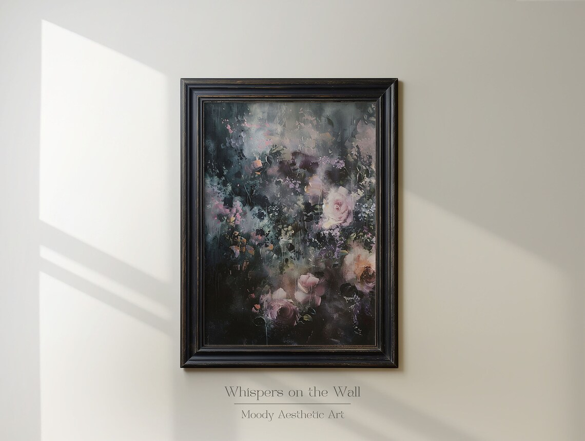 Pair Of Moody Abstract Floral Paintings With Blush Roses Dark Set Poster - Image 3