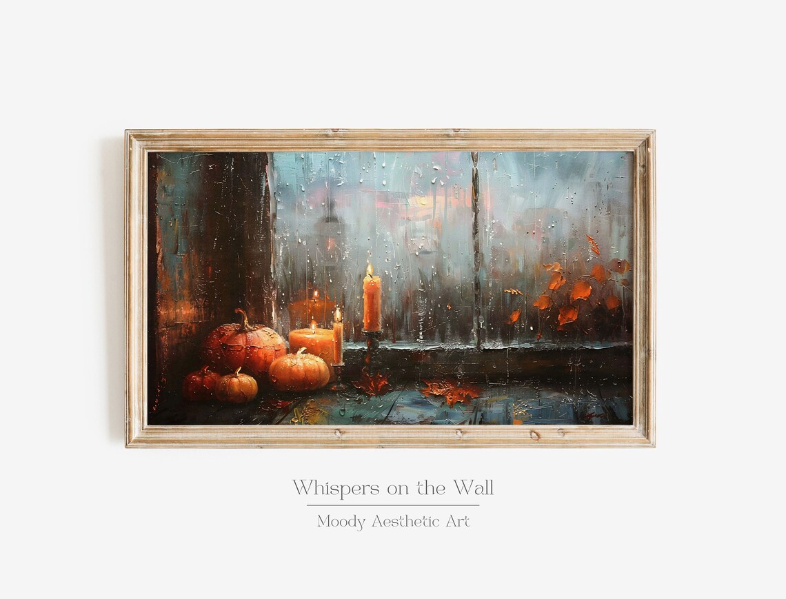 Fall Pumpkins and Candles by Rainy Window Autumn Painting Poster - Image 6