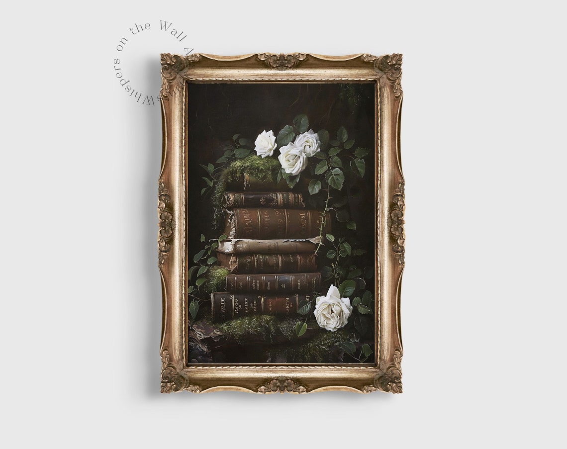 Moss Covered Vintage Book Stack With White Roses Dark Academia Poster - Image 2