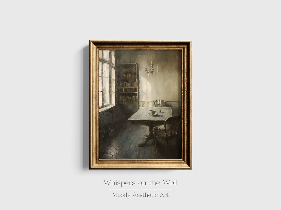Dim Dining Room With Bookshelf And Chandelier Moody Interior Painting Poster - Image 6