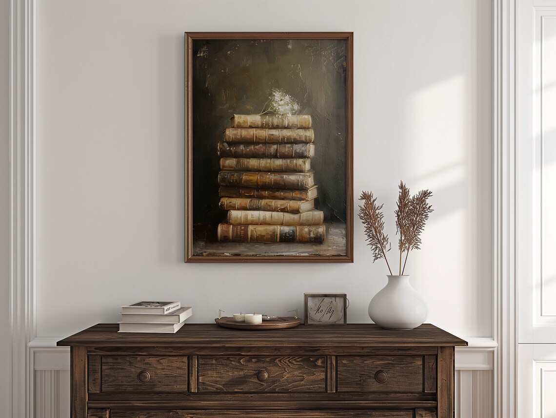 Old Leather Bound Book Stack Print Antique Books Still Life Wall Art Moody Decor Dark Academia Wall Art - Image 6