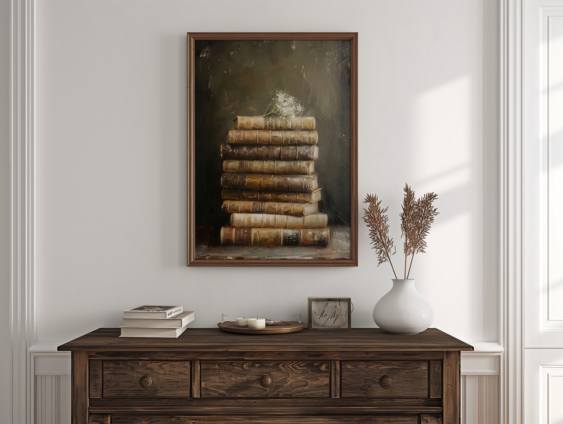 Stack of Antique Books Moody Vertical Still Life Painting Poster - Image 6