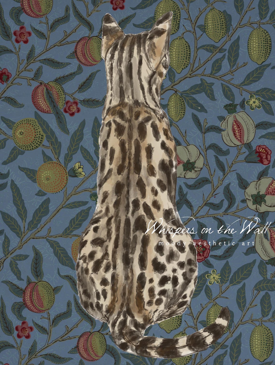 Spotted Cat From Behind On Vintage Fruit Patterned Wallpaper Poster - Image 6