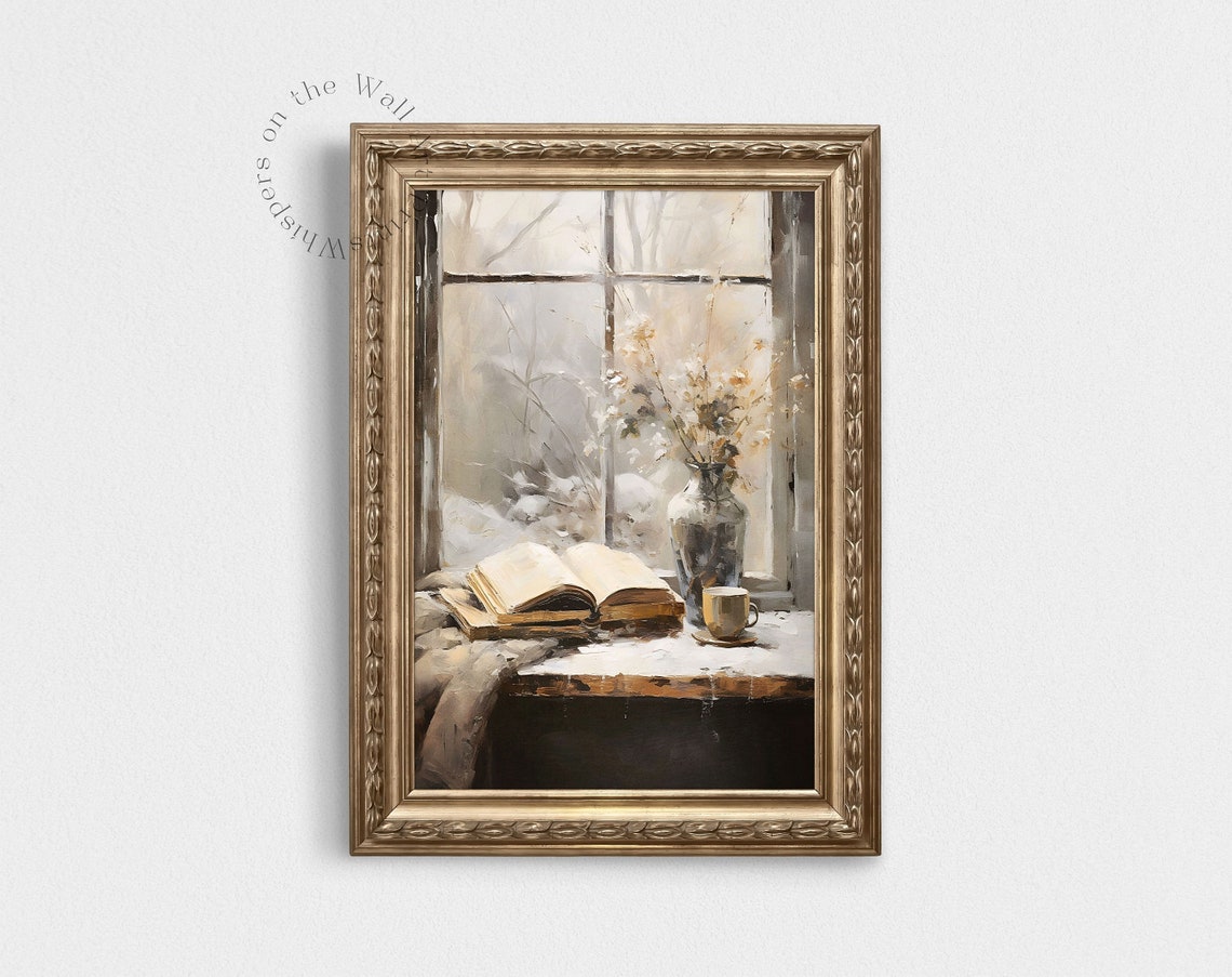 Muted Snowy Window View with Open Book and Tea Cup Cozy Art Poster - Image 6