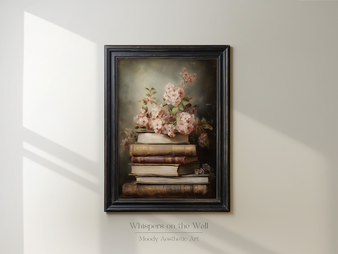 Cherry Blossom Book Stack Art Print, Dark Academia - Image 2
