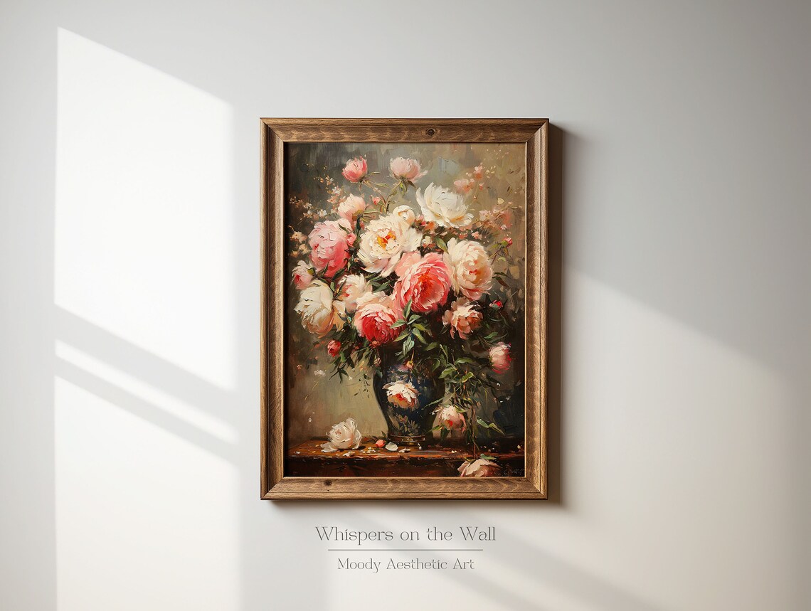 Moody Peony Bouquet Vintage Oil Painting Floral Still Life Poster - Image 2