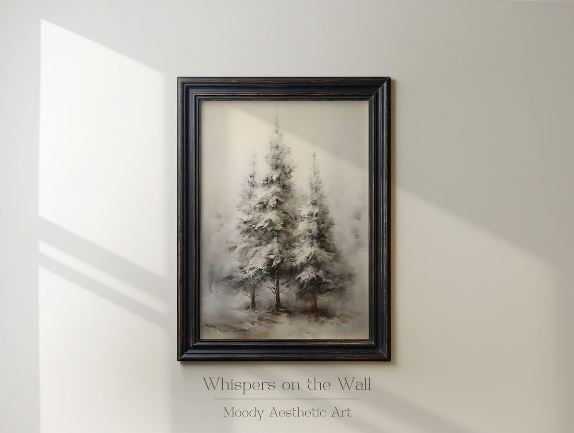 Vintage Christmas Wall Art Print Winter Holiday Decor Moody Christmas Tree Painting Farmhouse Art Print Living Room Art - Image 2