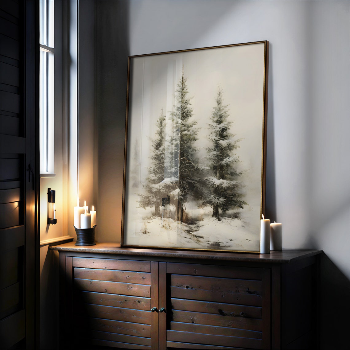 Snowy Pine Trees in Mist Neutral Winter Landscape Wall Poster - Image 6